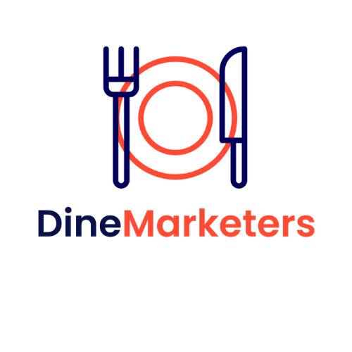 Dinemarketers logo featuring a fork and knife designed to enhance restaurant marketing strategy.