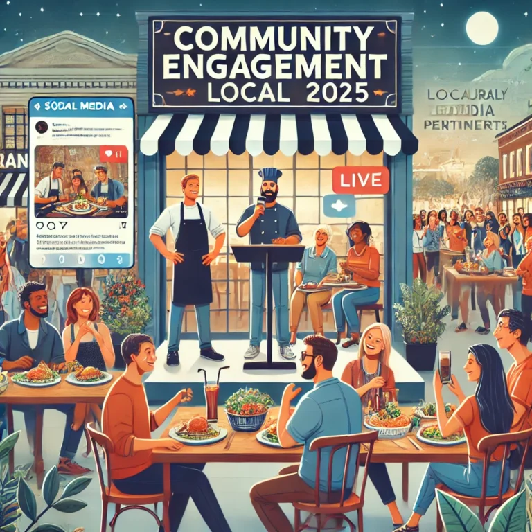 Outdoor event titled "Community Engagement Local 2025" with a speech by chefs, attended by a diverse crowd, some dining. A social media overlay shows live engagement.