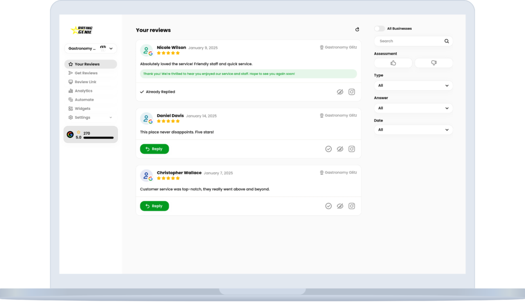 A laptop screen displays a user interface for managing reviews. The screen shows review details with options to reply, and a sidebar with filters for managing review settings.