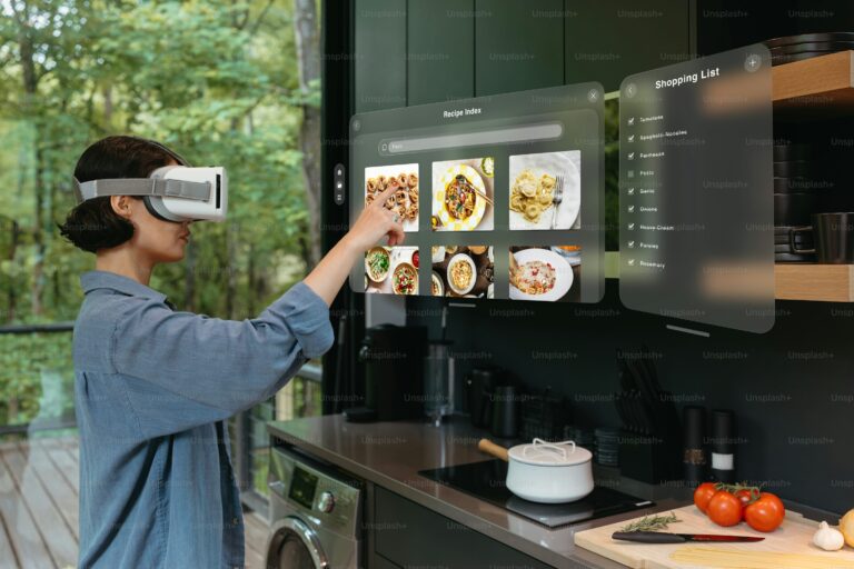 Person wearing VR headset interacts with virtual recipe and shopping list screens in a modern kitchen.
