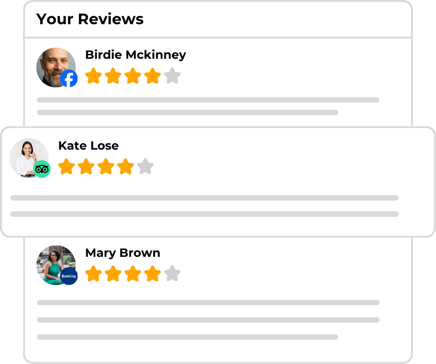User reviews with profile images. Birdie McKinney, 4 stars, Facebook icon. Kate Lose, 5 stars. Mary Brown, 4 stars, Booking icon. Text lines under each name.