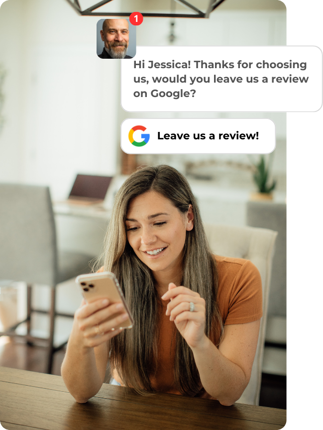 A woman in a brown shirt holds a smartphone, reading a message about leaving a review on Google.