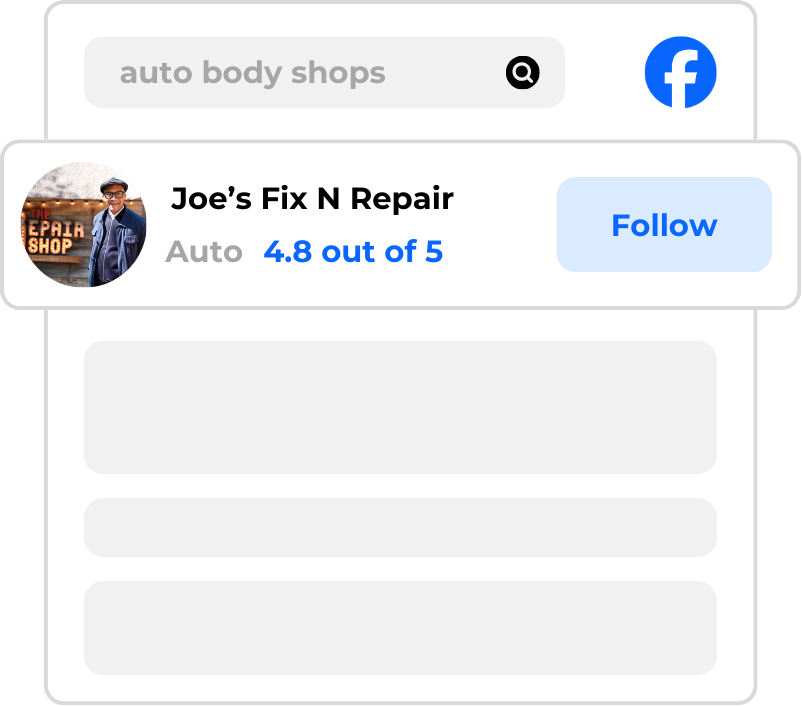 Screenshot of a Facebook search result for "auto body shops," showing Joe's Fix N Repair with a rating of 4.8 out of 5 and a Follow button.