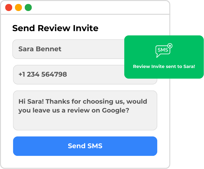 A web form interface for sending a review invite via SMS. It includes fields for name, phone number, a message, and a "Send SMS" button. A confirmation message is shown in a green pop-up.