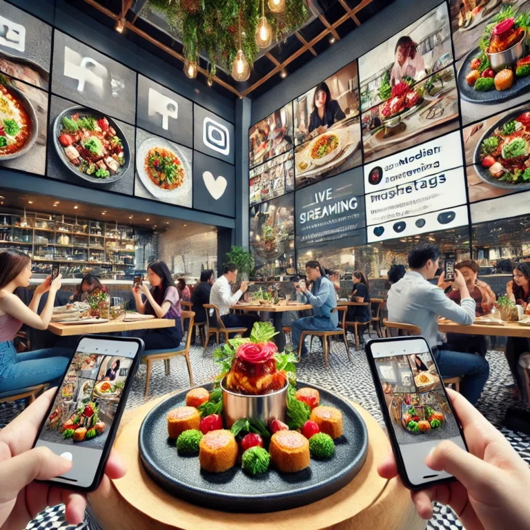 Diners in a modern restaurant enjoy digital screens showcasing vibrant images and social media icons. A person holds a smartphone above a colorful dish, capturing the perfect shot, highlighting the power of food influencer marketing.