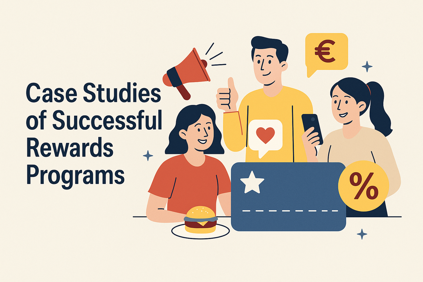 Three people are discussing rewards programs, with icons for a burger, percentage, euro symbol, and a credit card next to the text "Case Studies of Successful Rewards Programs.