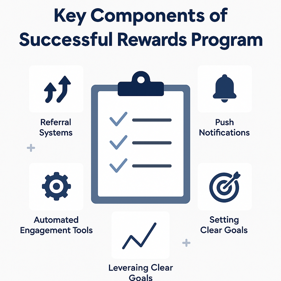 Infographic showing a checklist surrounded by icons representing referral systems, push notifications, engagement tools, setting clear goals, and leveraging clear goals as components of a rewards program.