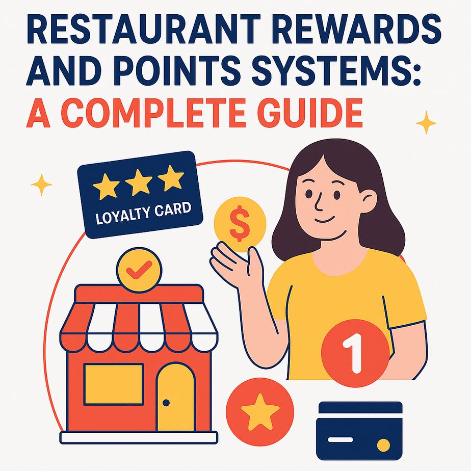 Illustration of a woman holding a coin beside a restaurant, loyalty card, and points with the text “Restaurant Rewards and Points Systems: A Complete Guide.”.