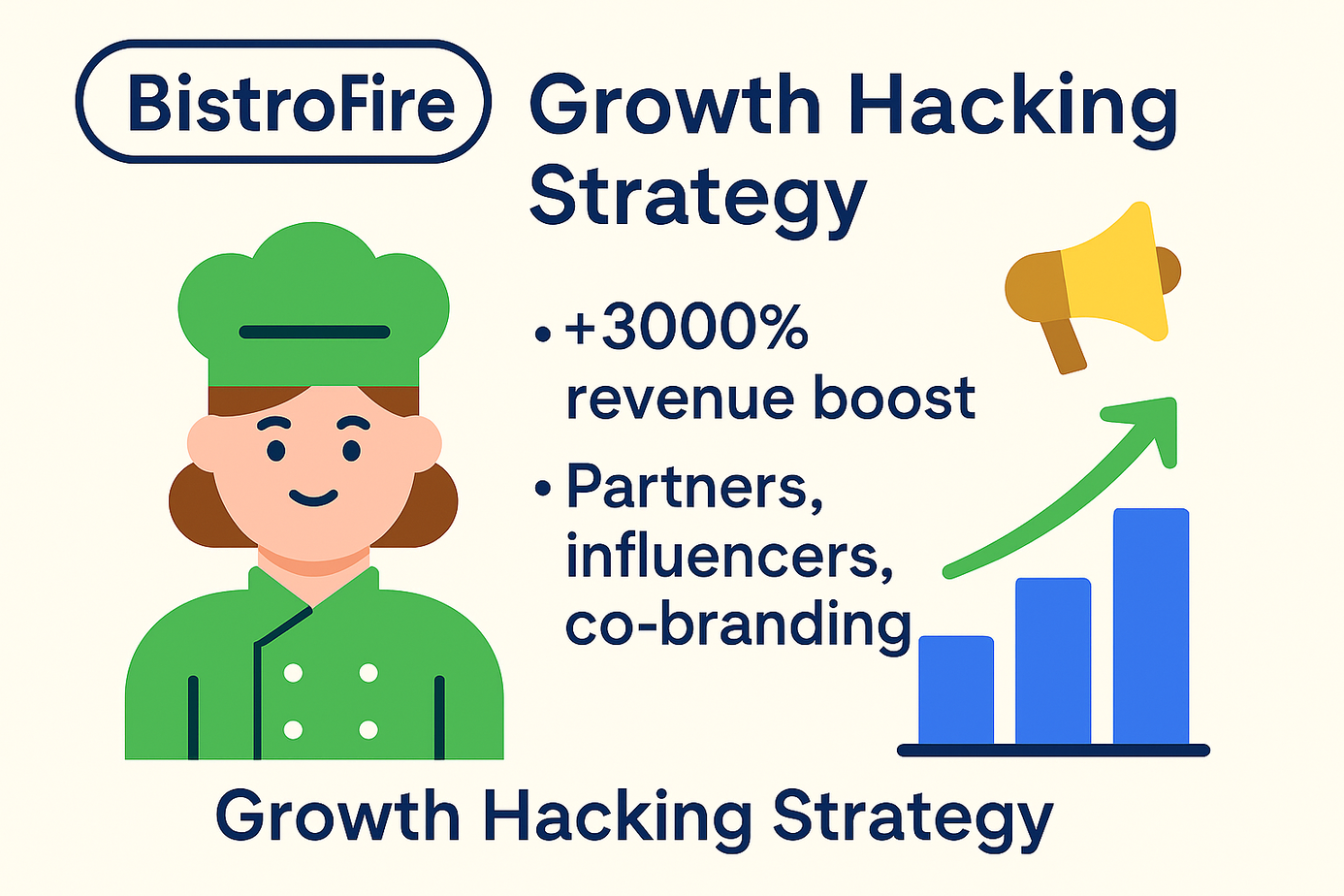 An illustrated chef next to text about BistroFire’s growth hacking strategy, highlighting a 3000% revenue boost, partnerships, influencer marketing, and co-branding.